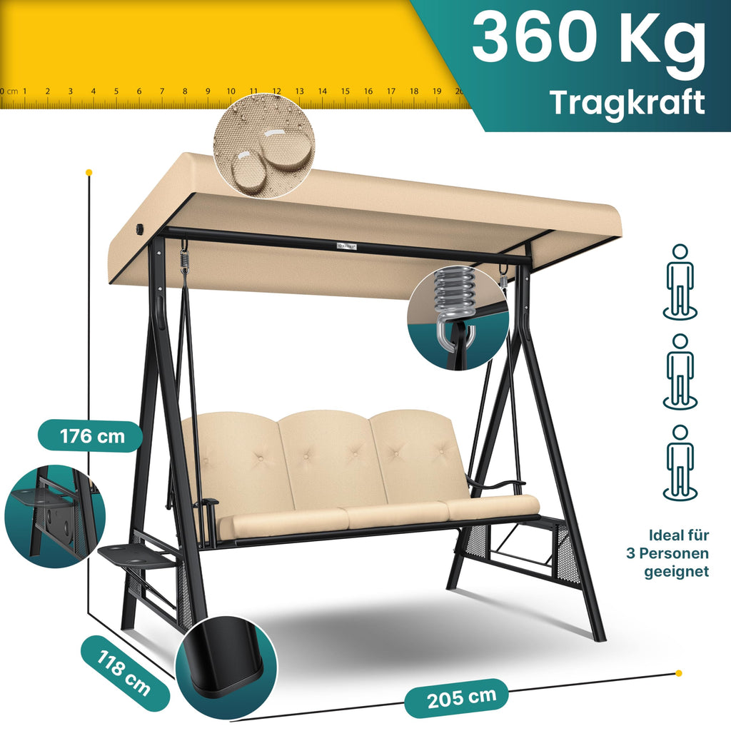KESSER® Hollywoodschaukel mit Sonnendach 3-Sitzer & Sitzpolster-Auflage | Gartenschaukel bis 360kg belastbar | Gartenliege mit Anti-Rutsch-Füßen | Schaukelbank wasserabweisend für Outdoor & Indoor