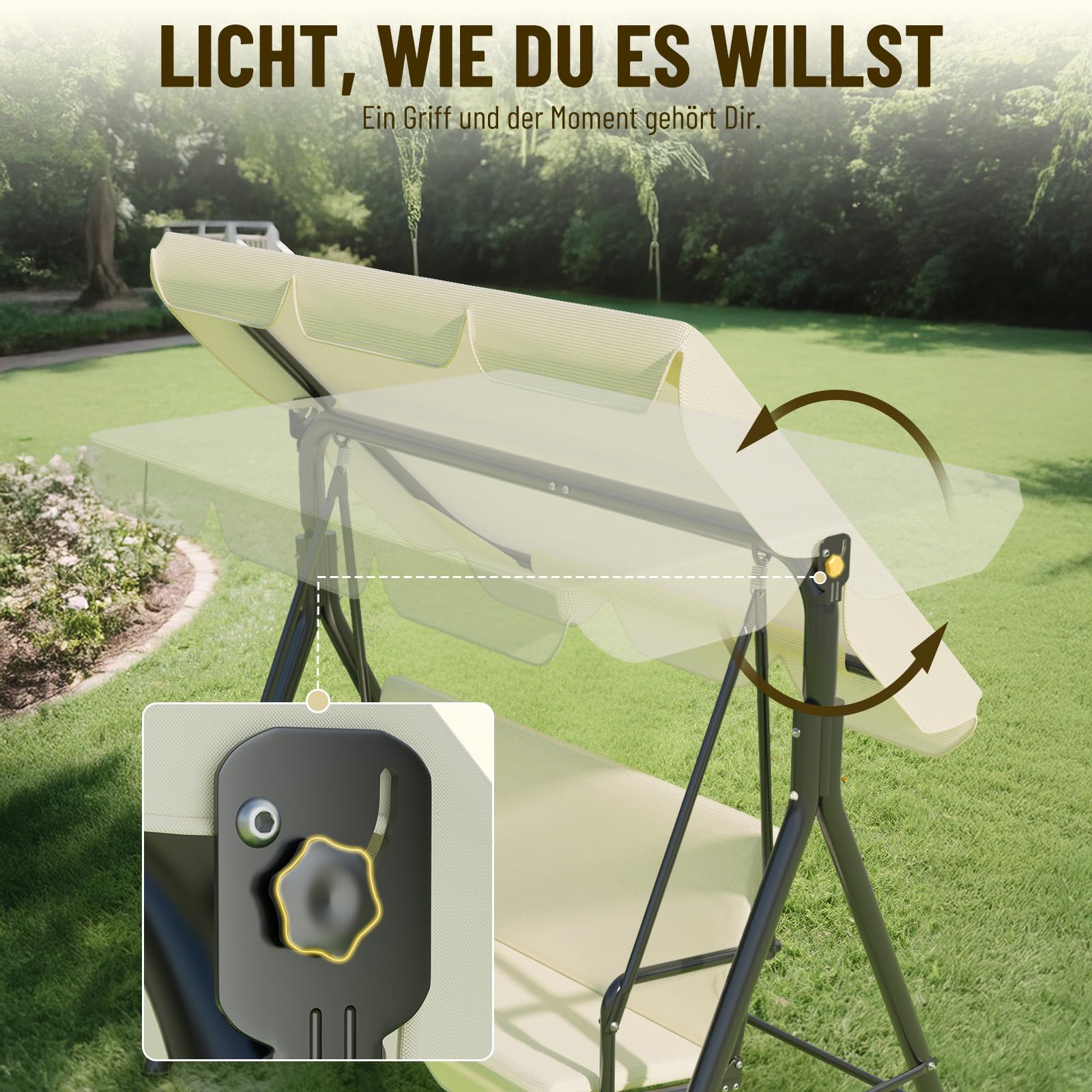 Soontrans 3-Sitzer Hollywoodschaukel, Familienzeit mit Leichtigkeit, Gartenschaukel mit Sonnendach & Gestell & Gepolsterte Sitzauflage, Belastbar bis 200 kg, aus Stahl (193 x 110 x 152 cm, Beige)
