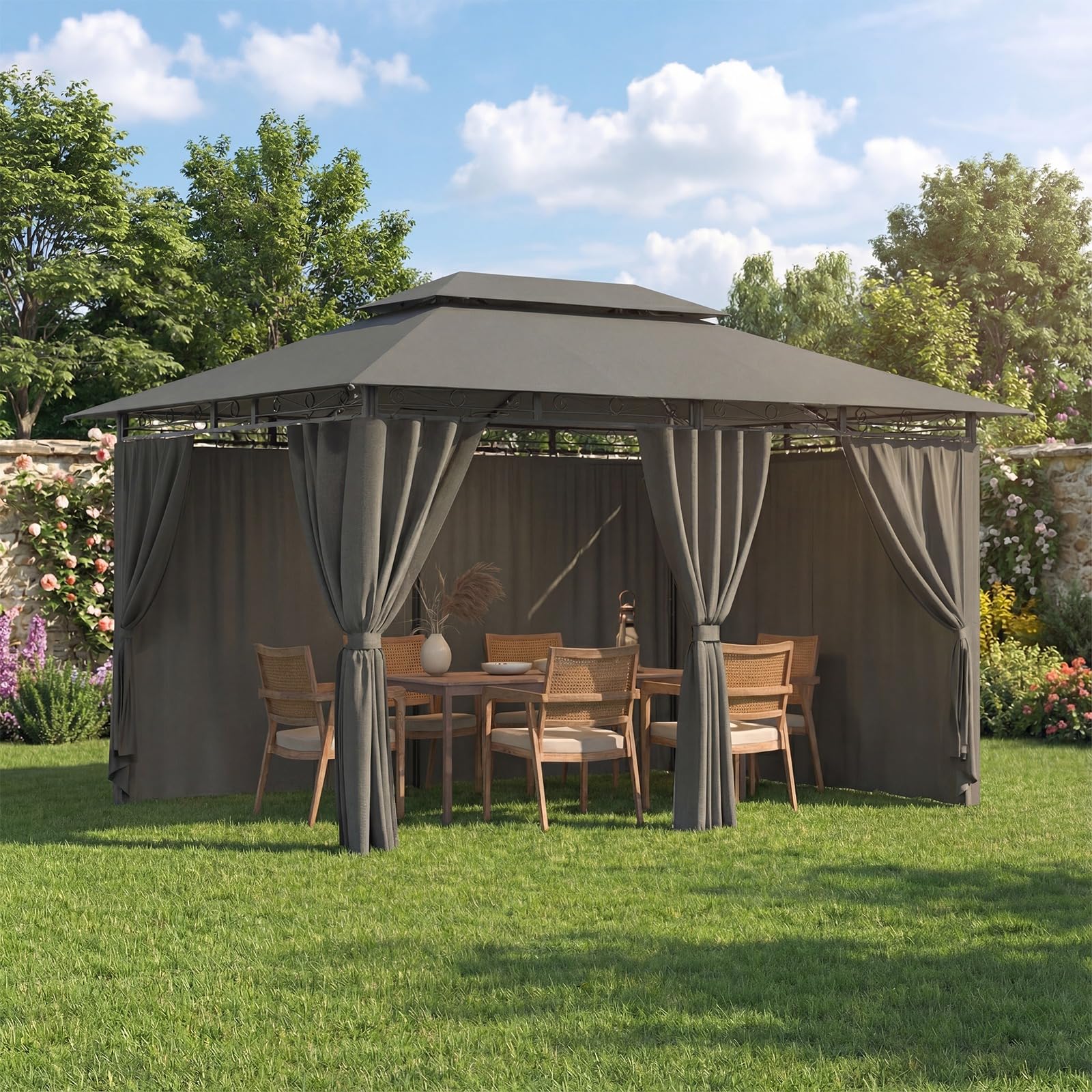 Devoko Garden Pavillon 3x3 Wasserdicht Stabil Winterfest Deluxe Gazebo, UV-Schutz 50+ Doppellagiges Grilpavillons mit seitenwänden für 4-8 Personen, Partyzelt für Freizeit, Partys,Grau mit LED