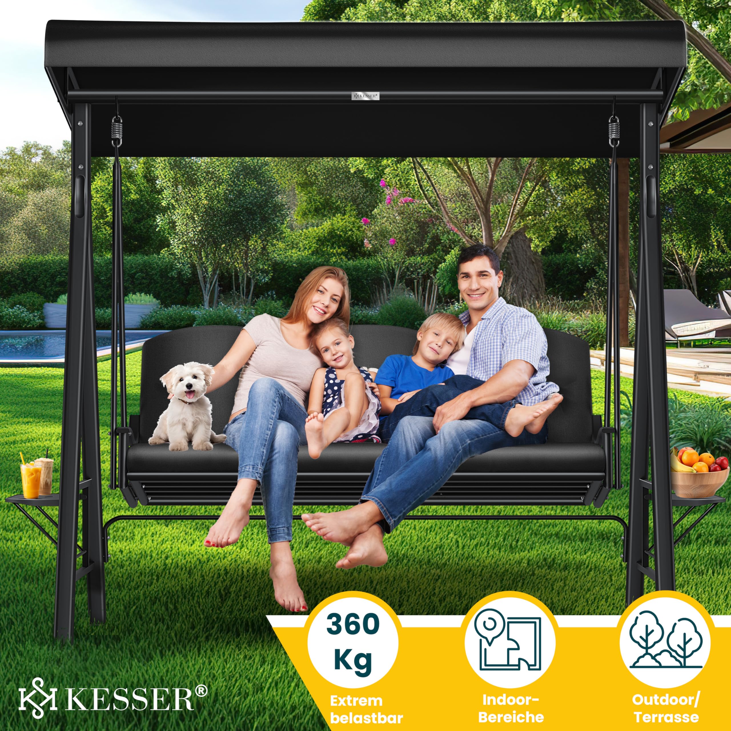 KESSER® Hollywoodschaukel mit Sonnendach 3-Sitzer & Sitzpolster-Auflage | Gartenschaukel bis 360kg belastbar | Gartenliege mit Anti-Rutsch-Füßen | Schaukelbank wasserabweisend für Outdoor & Indoor