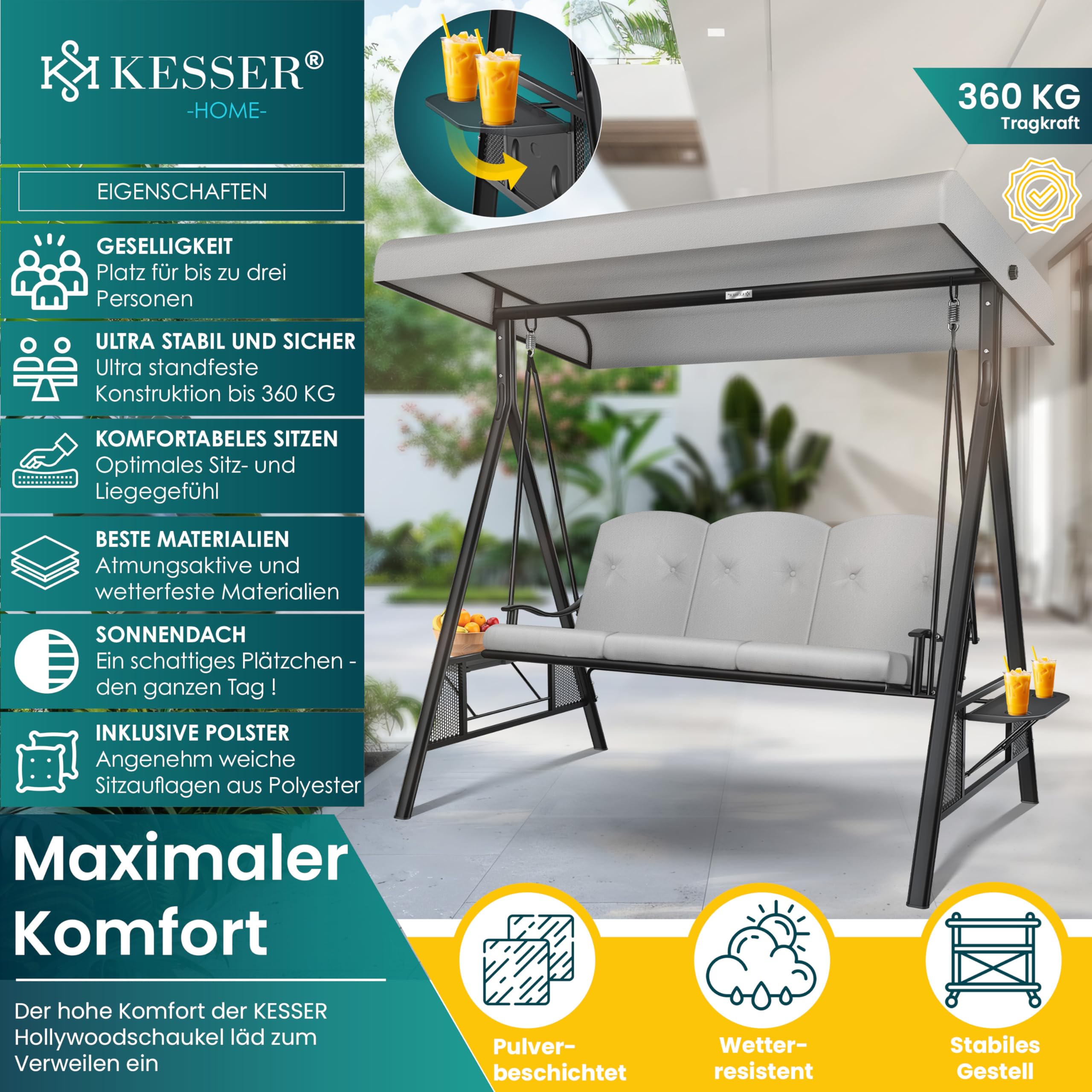 KESSER® Hollywoodschaukel mit Sonnendach 3-Sitzer & Sitzpolster-Auflage | Gartenschaukel bis 360kg belastbar | Gartenliege mit Anti-Rutsch-Füßen | Schaukelbank wasserabweisend für Outdoor & Indoor
