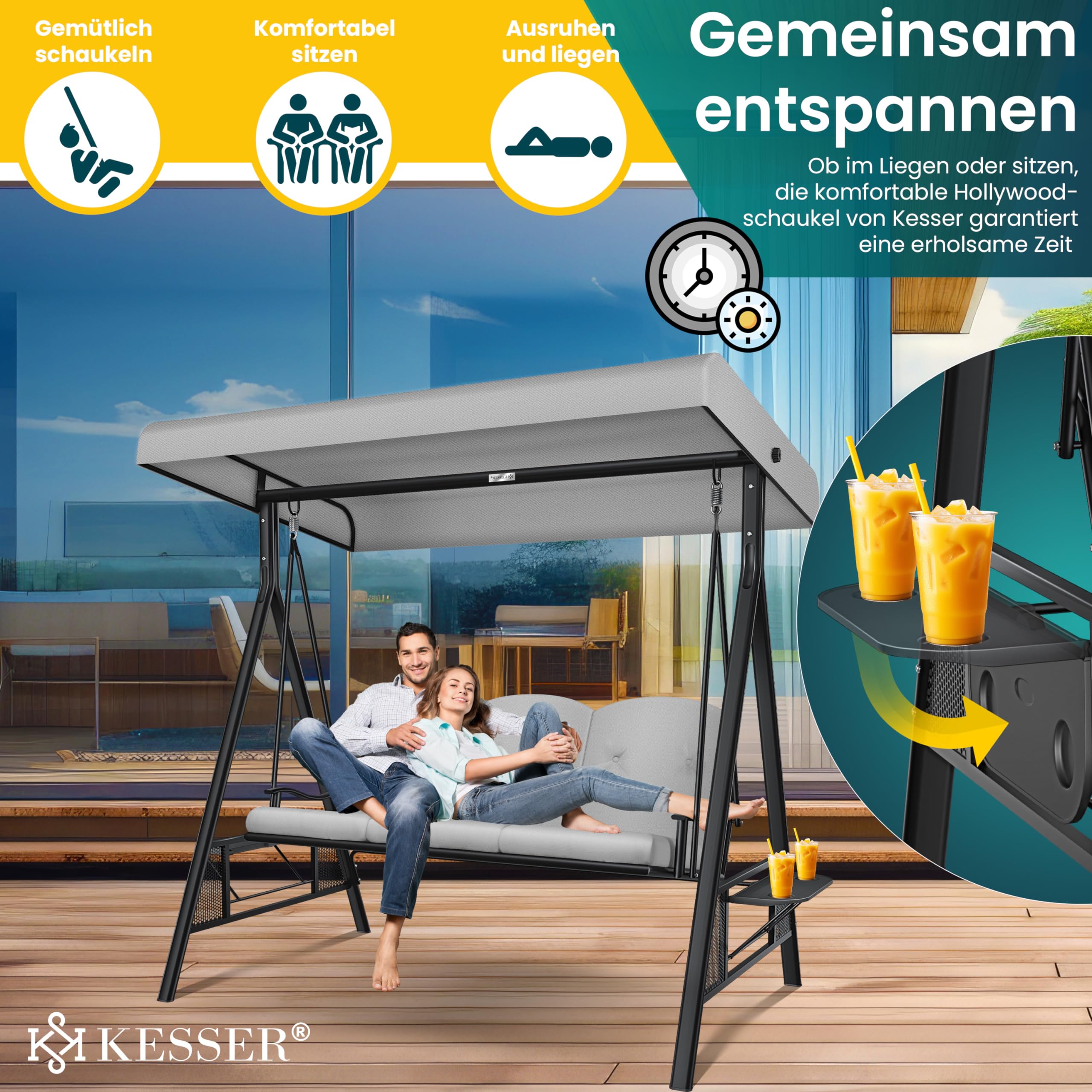 KESSER® Hollywoodschaukel mit Sonnendach 3-Sitzer & Sitzpolster-Auflage | Gartenschaukel bis 360kg belastbar | Gartenliege mit Anti-Rutsch-Füßen | Schaukelbank wasserabweisend für Outdoor & Indoor