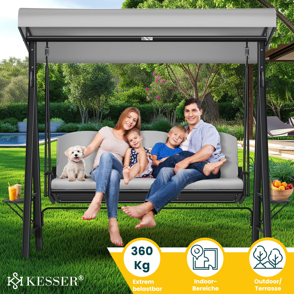 KESSER® Hollywoodschaukel mit Sonnendach 3-Sitzer & Sitzpolster-Auflage | Gartenschaukel bis 360kg belastbar | Gartenliege mit Anti-Rutsch-Füßen | Schaukelbank wasserabweisend für Outdoor & Indoor