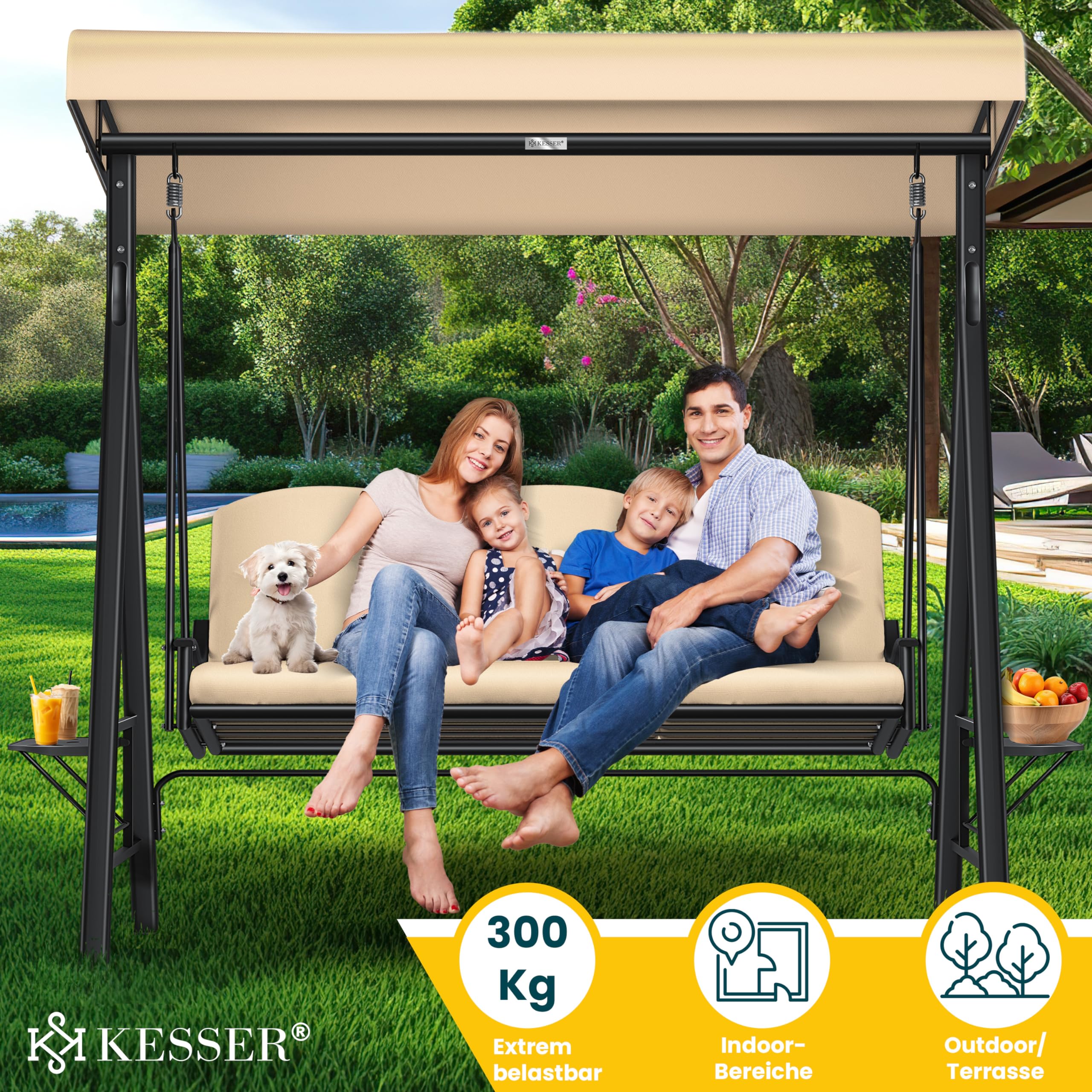 KESSER® Hollywoodschaukel mit Sonnendach 3-Sitzer & Sitzpolster-Auflage | Gartenschaukel bis 360kg belastbar | Gartenliege mit Anti-Rutsch-Füßen | Schaukelbank wasserabweisend für Outdoor & Indoor