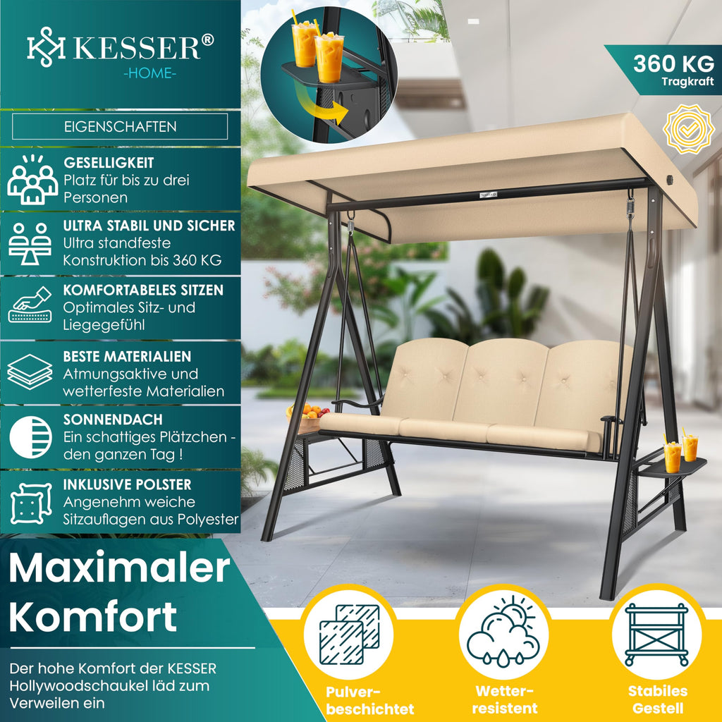 KESSER® Hollywoodschaukel mit Sonnendach 3-Sitzer & Sitzpolster-Auflage | Gartenschaukel bis 360kg belastbar | Gartenliege mit Anti-Rutsch-Füßen | Schaukelbank wasserabweisend für Outdoor & Indoor