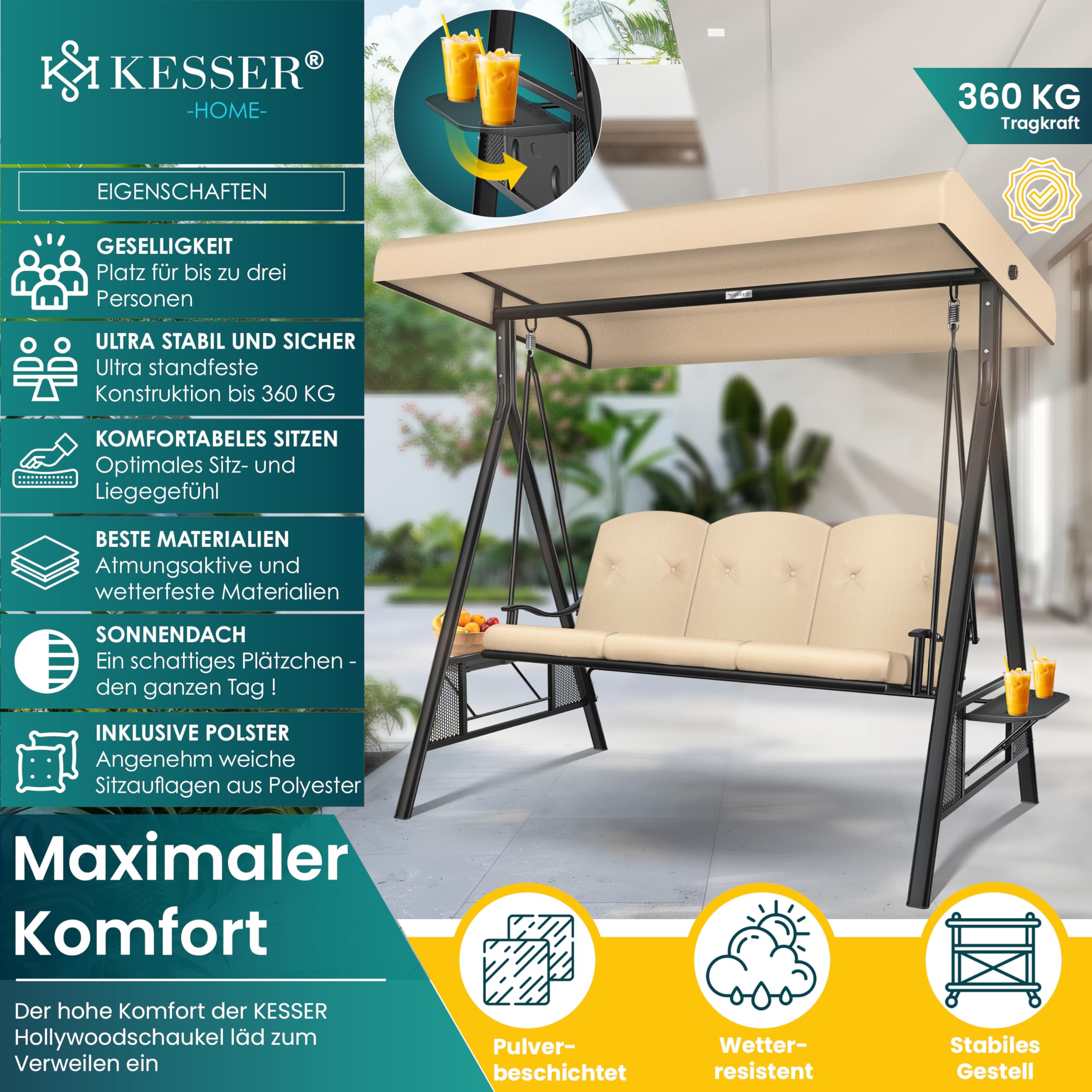 KESSER® Hollywoodschaukel mit Sonnendach 3-Sitzer & Sitzpolster-Auflage | Gartenschaukel bis 360kg belastbar | Gartenliege mit Anti-Rutsch-Füßen | Schaukelbank wasserabweisend für Outdoor & Indoor