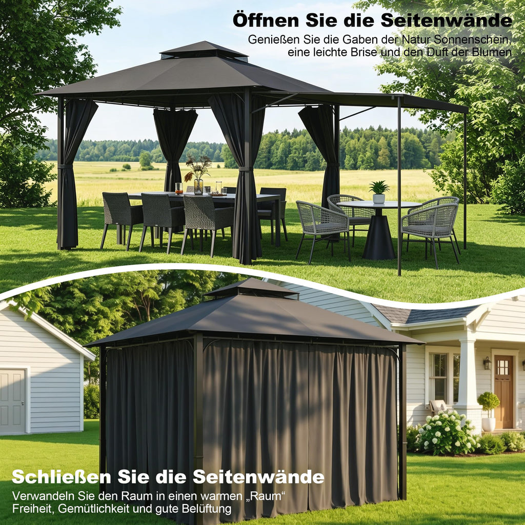 Devoko Garden Pavillon 3x3 Wasserdicht Stabil Winterfest Deluxe Gazebo, UV-Schutz 50+ Doppellagiges Grilpavillons mit seitenwänden für 4-8 Personen, Partyzelt für Freizeit, Partys,Grau mit LED