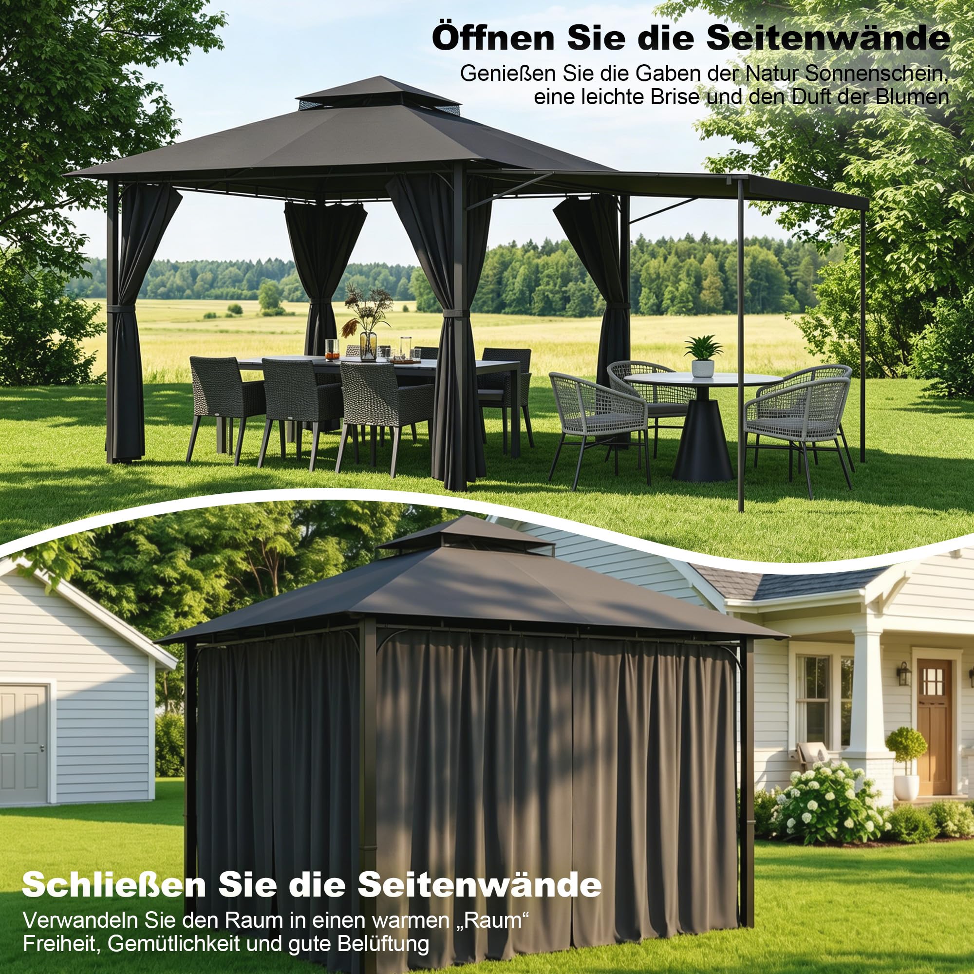 Devoko Garden Pavillon 3x3 Wasserdicht Stabil Winterfest Deluxe Gazebo, UV-Schutz 50+ Doppellagiges Grilpavillons mit seitenwänden für 4-8 Personen, Partyzelt für Freizeit, Partys,Grau mit LED