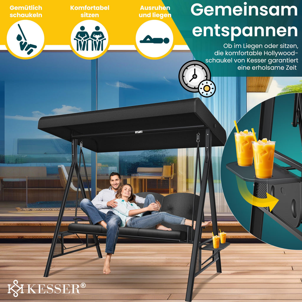 KESSER® Hollywoodschaukel mit Sonnendach 3-Sitzer & Sitzpolster-Auflage | Gartenschaukel bis 360kg belastbar | Gartenliege mit Anti-Rutsch-Füßen | Schaukelbank wasserabweisend für Outdoor & Indoor