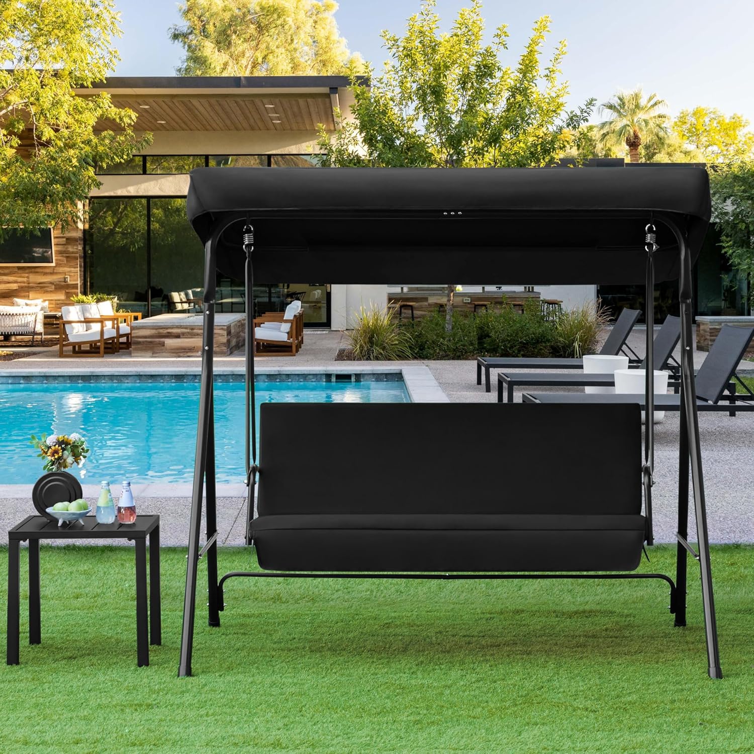 Yaheetech Schaukelbank Hollywoodschaukel 3-Sitzer Gartenschaukel mit Sonnendach Hängeschaukel mit Verstellbarem Ersatzbach bis 250 kg Belastbar Schwarz