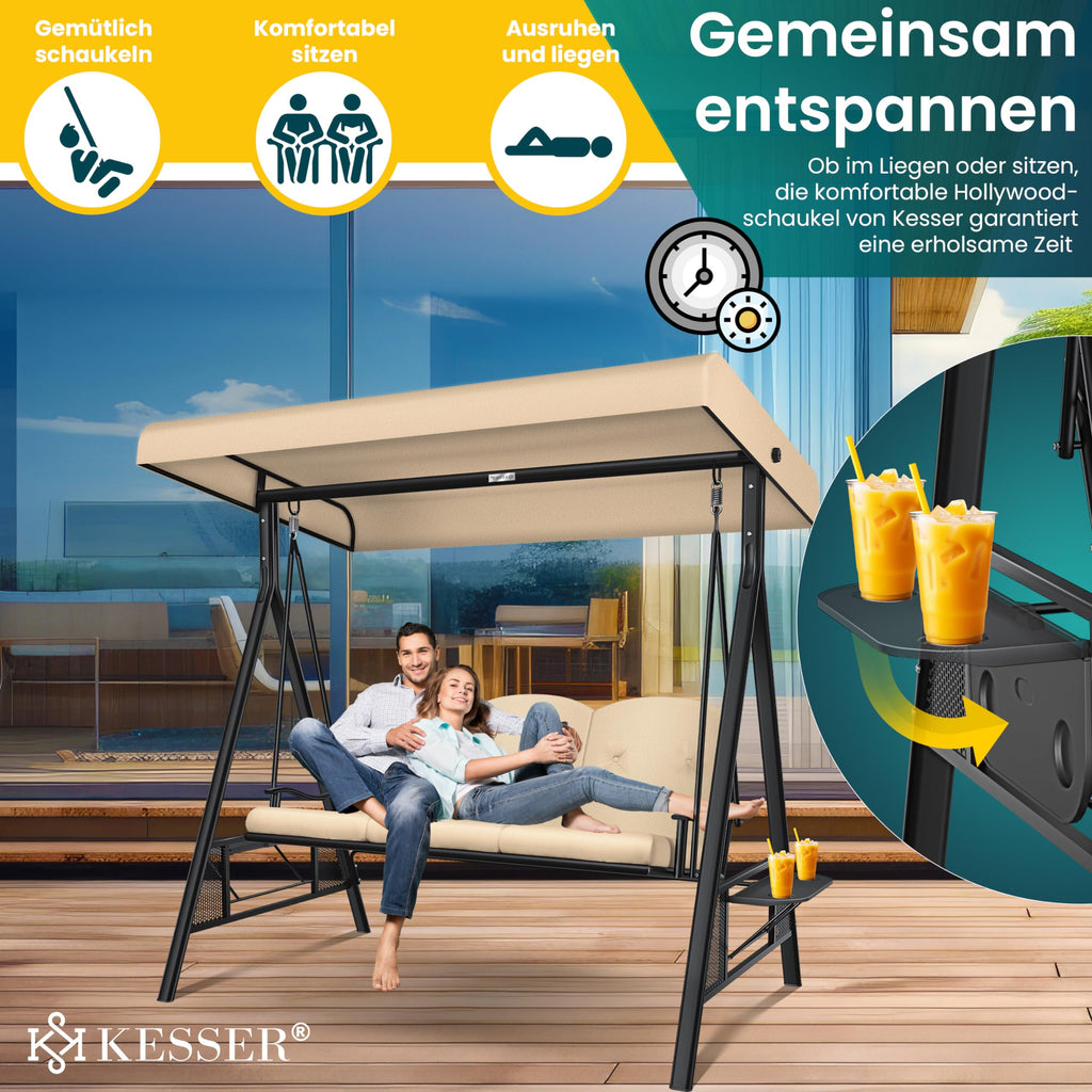 KESSER® Hollywoodschaukel mit Sonnendach 3-Sitzer & Sitzpolster-Auflage | Gartenschaukel bis 360kg belastbar | Gartenliege mit Anti-Rutsch-Füßen | Schaukelbank wasserabweisend für Outdoor & Indoor