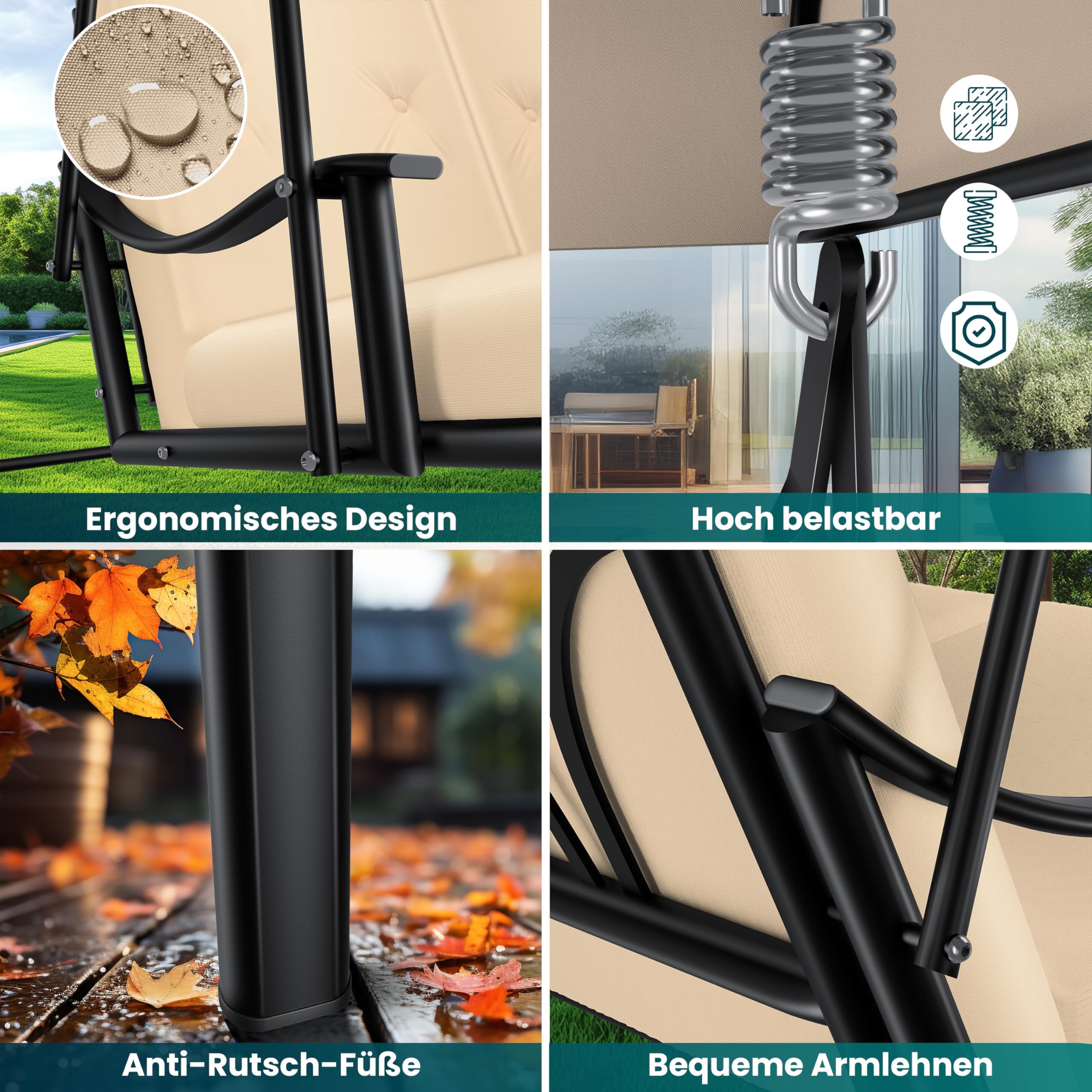 KESSER® Hollywoodschaukel mit Sonnendach 3-Sitzer & Sitzpolster-Auflage | Gartenschaukel bis 360kg belastbar | Gartenliege mit Anti-Rutsch-Füßen | Schaukelbank wasserabweisend für Outdoor & Indoor
