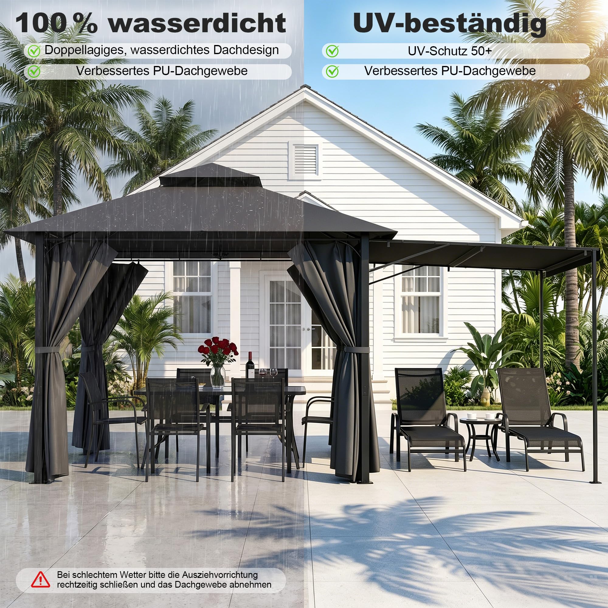 Devoko Garden Pavillon 3x3 Wasserdicht Stabil Winterfest Deluxe Gazebo, UV-Schutz 50+ Doppellagiges Grilpavillons mit seitenwänden für 4-8 Personen, Partyzelt für Freizeit, Partys,Grau mit LED