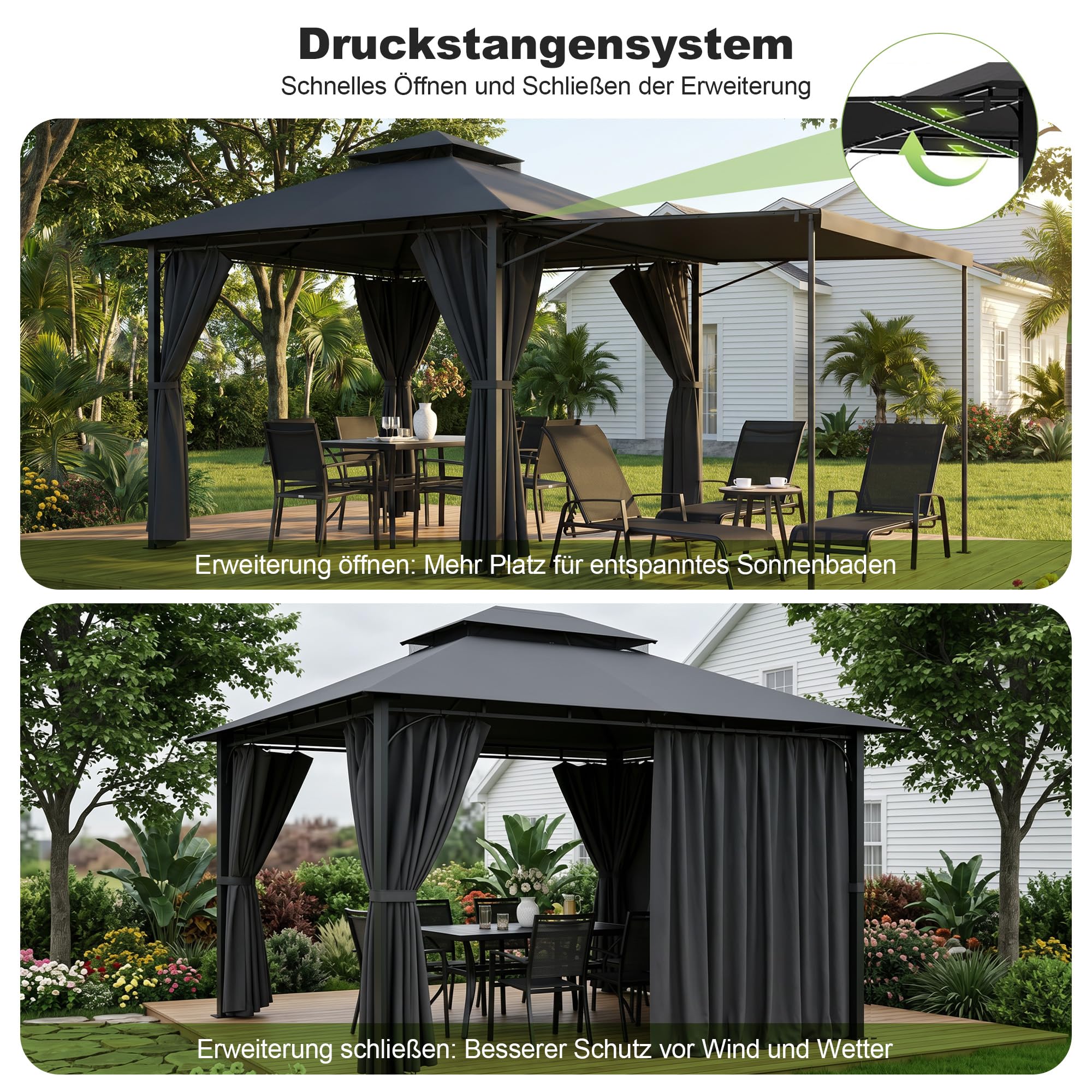 Devoko Garden Pavillon 3x3 Wasserdicht Stabil Winterfest Deluxe Gazebo, UV-Schutz 50+ Doppellagiges Grilpavillons mit seitenwänden für 4-8 Personen, Partyzelt für Freizeit, Partys,Grau mit LED