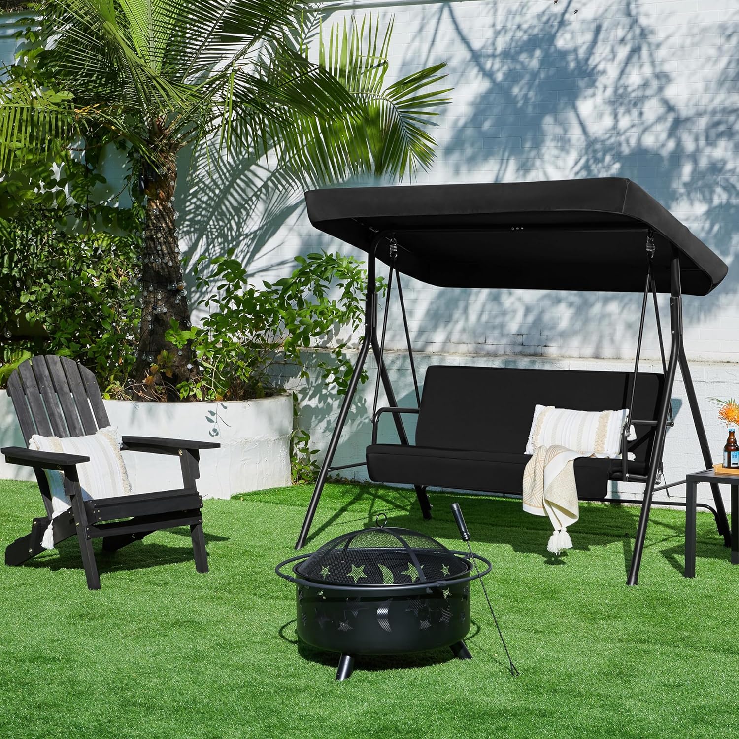 Yaheetech Schaukelbank Hollywoodschaukel 3-Sitzer Gartenschaukel mit Sonnendach Hängeschaukel mit Verstellbarem Ersatzbach bis 250 kg Belastbar Schwarz